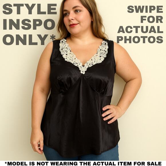 Shiny Black Tank Top with White Lace Collar - Size 2X 0055 - Picture 2 of 7